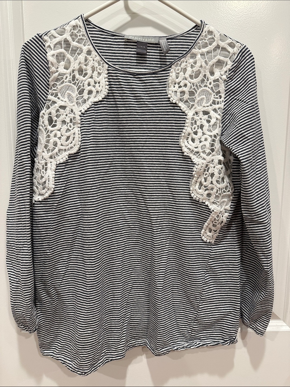 Daniel Rainn Black & White Striped Maternity Top with White Lace Shoulder Panels